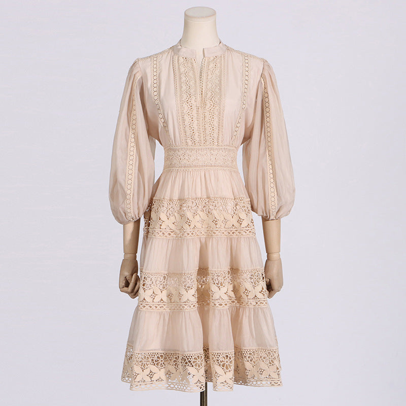 Elegant Intellectual Puff Sleeve Waist Slimming Short Dress Lace Embroidery Short Dress Women