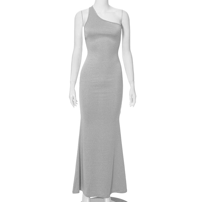 Robe d'été élégante pour femmes, couleur unie, asymétrique épaule dénudée, sans manches, Slim, longueur queue de poisson