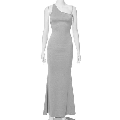 Robe d'été élégante pour femmes, couleur unie, asymétrique épaule dénudée, sans manches, Slim, longueur queue de poisson