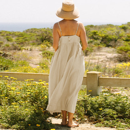 Robe d'été à bretelles en pur coton, Design français, grande poche, ample, Slim, bretelles réglables, robe mi-longue pour femmes