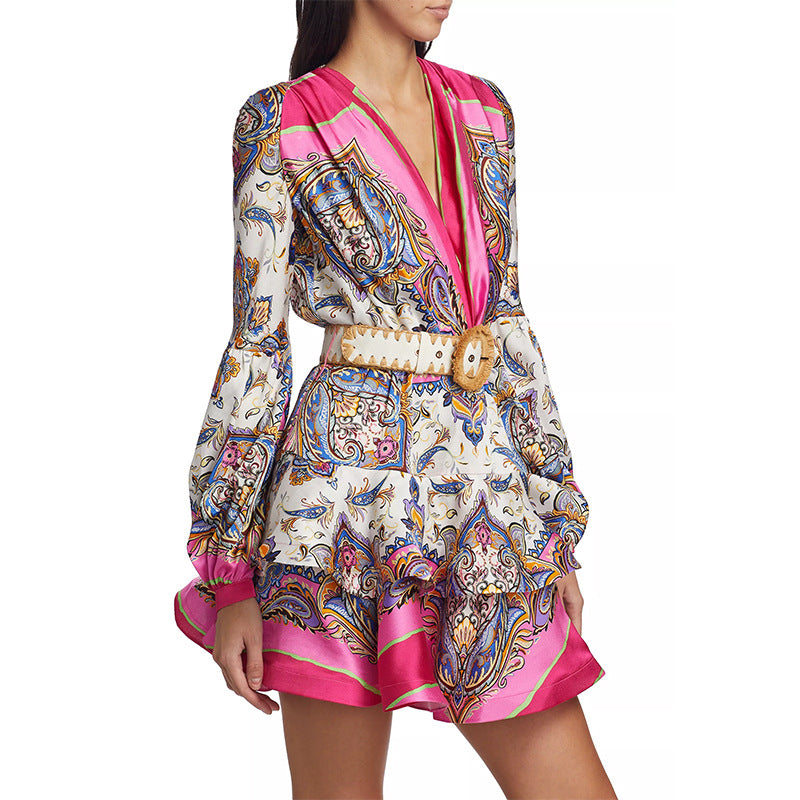 Bohemian Printed Ruffled Dress Summer V Neck Lantern Sleeve Waist Slimming Short Dress Women