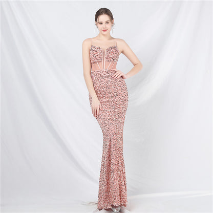 Palace Wind Heavy Industry Boning Corset Cinched Mesh Sequin High End Evening Dress