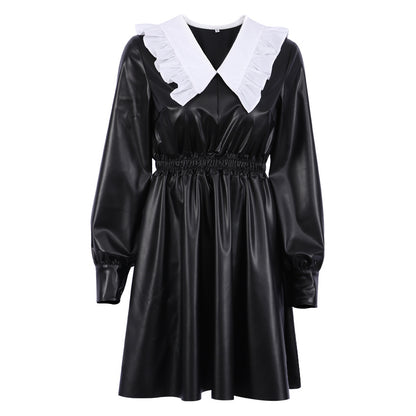 Autumn Winter Faux Leather Dress Doll Collar Fitted Waist High Waist Long Sleeve Black Punk Street Women