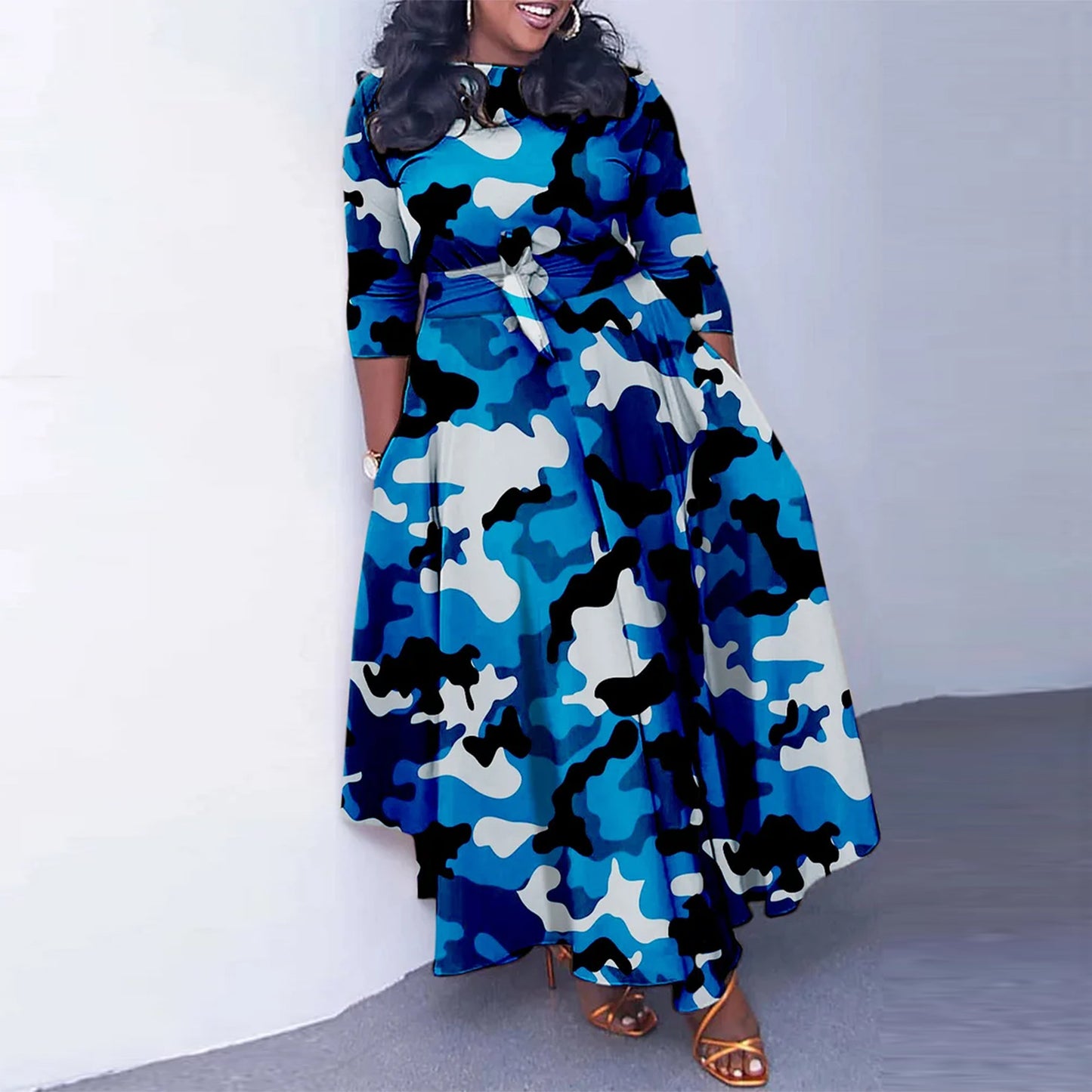 Robe sexy à lacets, coupe ajustée, imprimé camouflage, grande taille, serrée