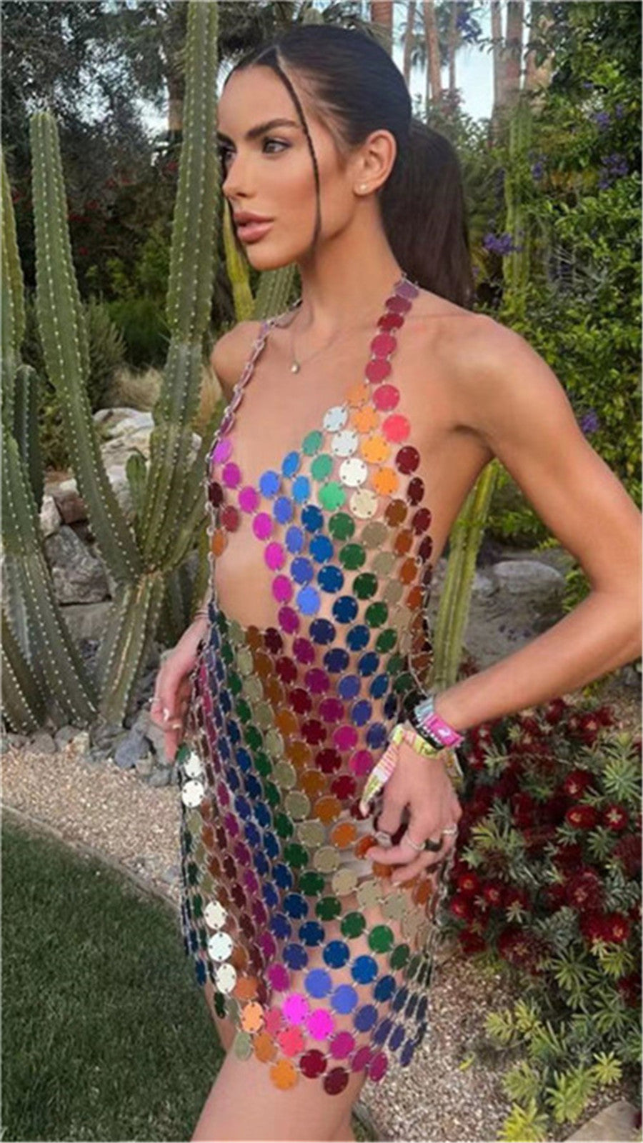 Color Sexy Backless Acrylic Dress