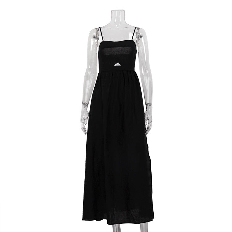 Black Breathable Sling High Waist French Dress Spring Autumn Holiday Long Dress Women