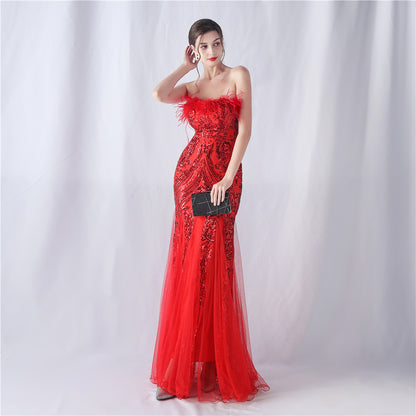 Ostrich Feather Positioning Floral Cutting Wedding Annual Meeting Tube Top Sequin Gauze Evening Dress