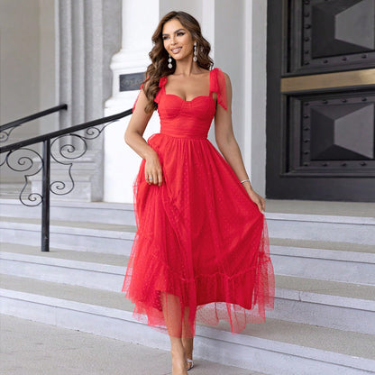 Fashionable Women Clothing Evening Dress Lace up Shoulder Pleated Hem Mesh Dress