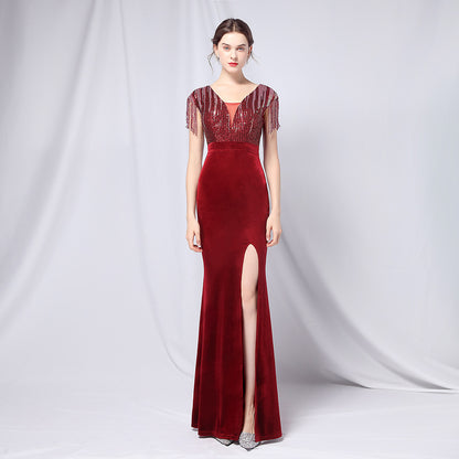 Robe de soirée cocktail à paillettes dégradées en velours Robe de réunion annuelle d'entreprise pour femmes Sexy longue fente