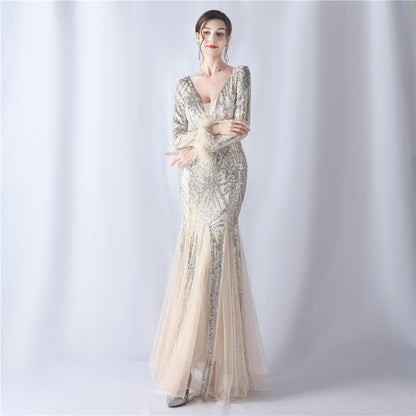 Ostrich Hair Mesh Sequin High End Evening Dress