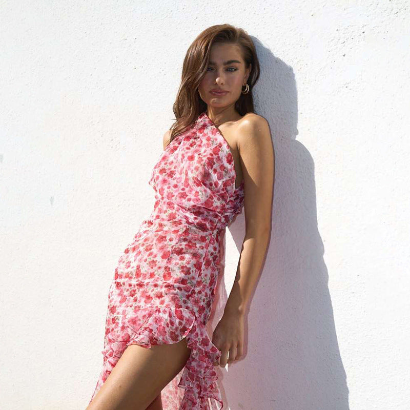 Vestido de verano para mujer, estilo francés, con hombros oblicuos y estampado floral pequeño, sexy, con abertura lateral y lazo