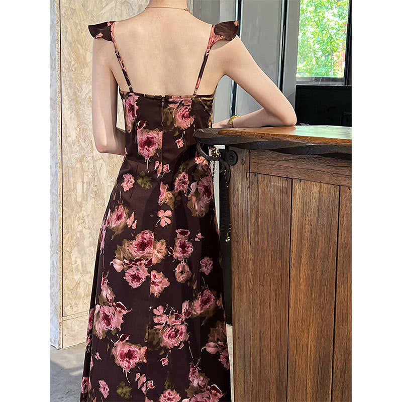 French Retro Slim Floral Dress Summer Waist Trimming Ruffles Dress