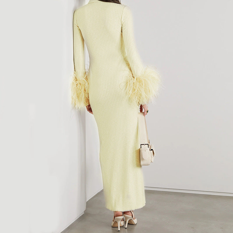 Robe une pièce jaune à manches longues, col montant élastique, poignets en plumes, vêtements longs pour femmes, automne hiver