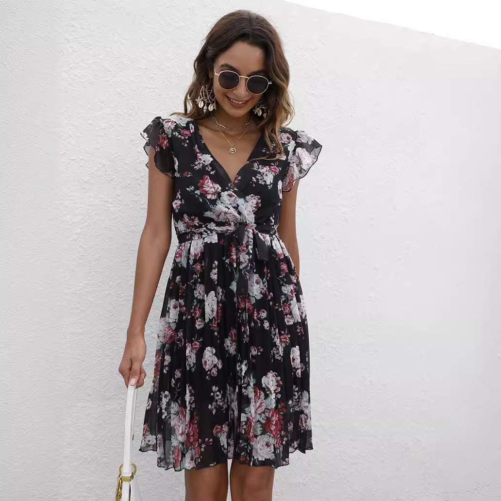 Summer Women Clothing V neck Waist Controlled Lace up Printing Dress