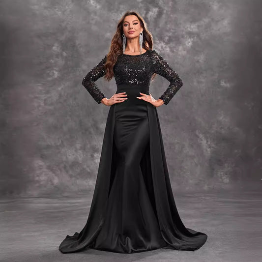 Women Prom Party Dress Sequined Long Sleeve Round Neck Sexy Elegant Black Formal Dress