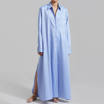 Chemise longue décontractée à col et fente latérale pour femme, simple et assortie, à manches longues