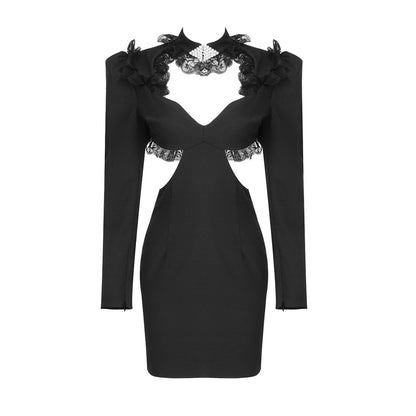 Primavera Verano negro de manga larga con cuello en V traje recortado tela elástica Slim Fit vestido con hombros acolchados costura ropa de mujer