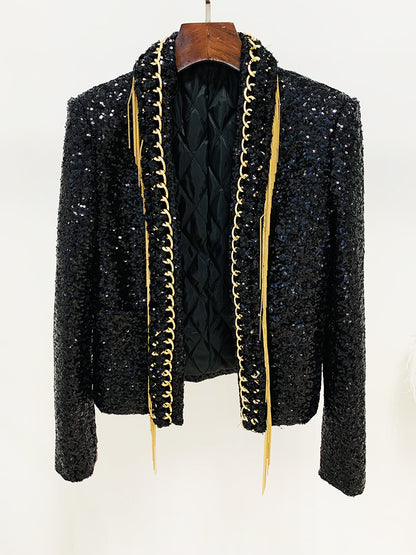 Goods Stars Heavy Industry Tassel Chain Sequined Green Fruit Collar Jacket Cardigan Coat