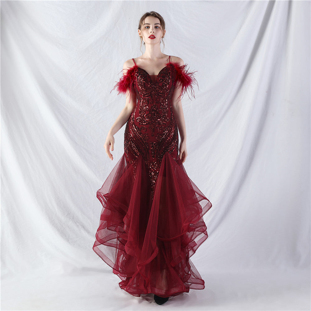 Craft Order – robe de spectacle de danse en maille dure, plumes d'autruche, positionnement, paillettes florales, couture, maille