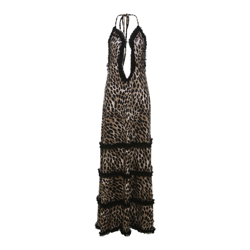 Ropa de mujer Verano Sexy Leopardo Ahuecado Recorte Encaje Sin espalda Vestido con cuello halter