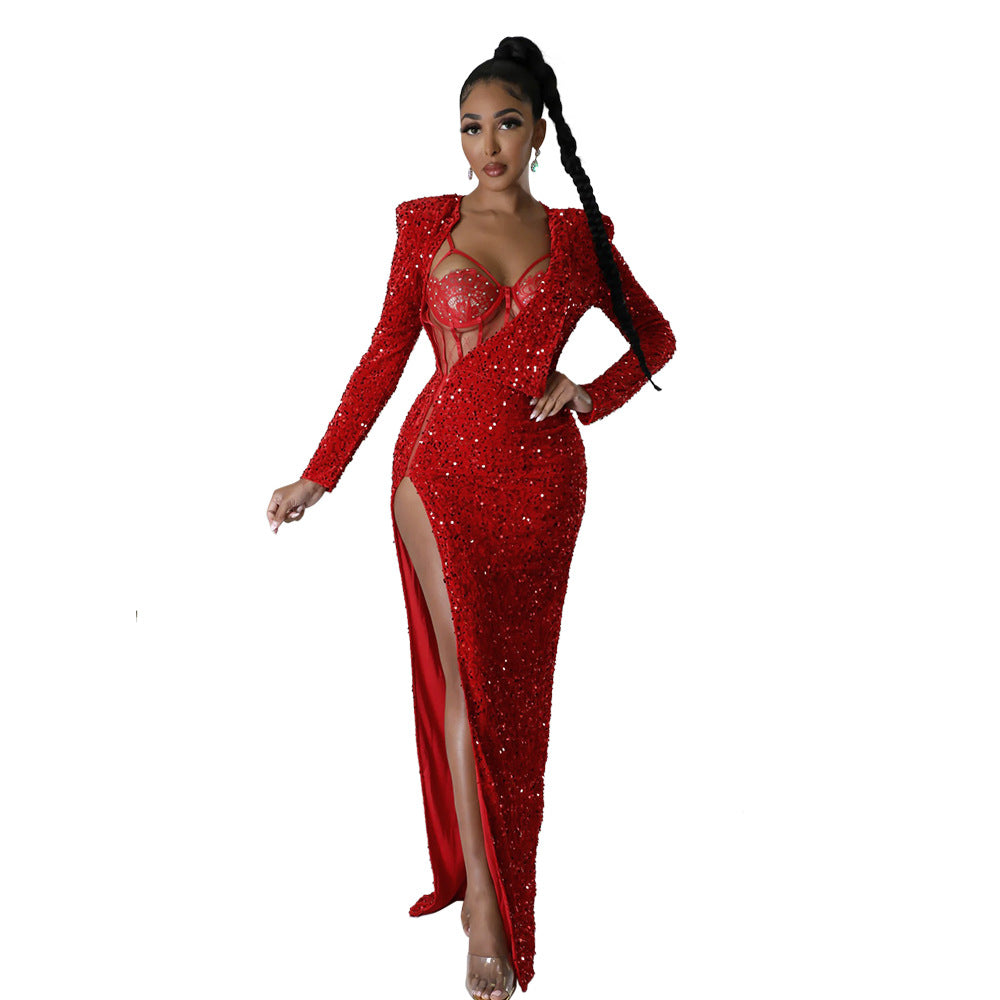 Robe longue fendue sexy de couleur unie pour femmes, comprenant une combinaison sexy, ensemble deux pièces