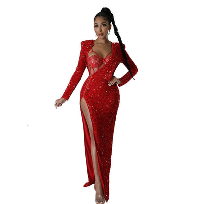 Robe longue fendue sexy de couleur unie pour femmes, comprenant une combinaison sexy, ensemble deux pièces