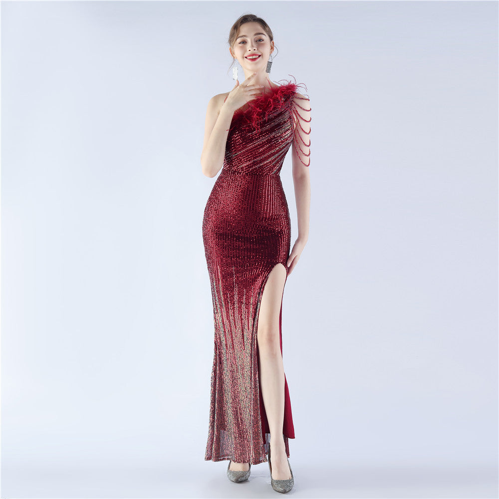 Gradient Sequin Craft Beaded Ostrich Feather Diagonal Collar One Shoulder Long Evening Dress