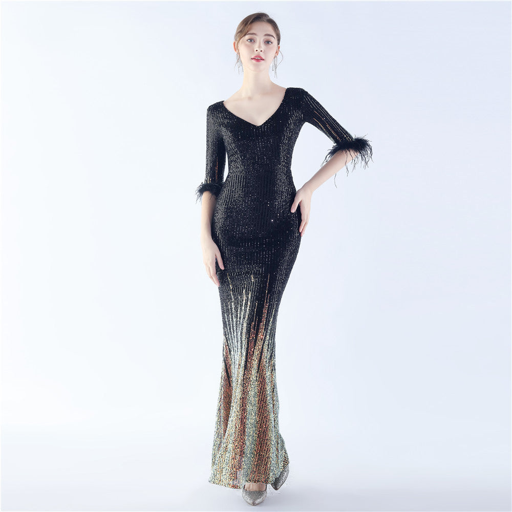 Craft Ostrich Feather Gradient Sequin Half Sleeve High End Evening Dress