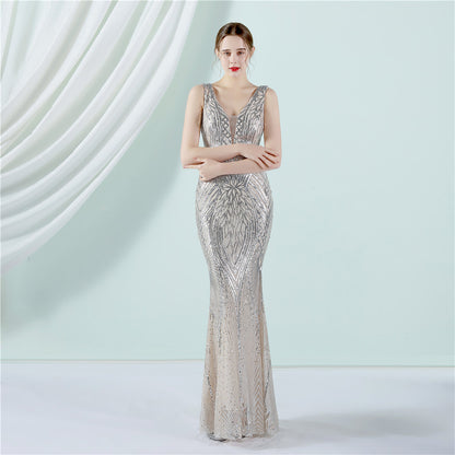 Positioning Floral Sequin Cocktail Elegant Long Sleeveless Sequined Aura Queen Fishtail Dress