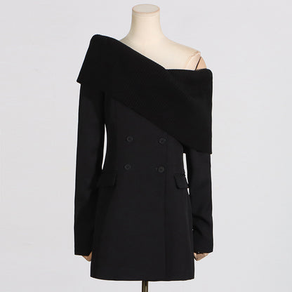 Robe blazer décontractée et confortable pour femme, col rond, coutures tricotées, manches longues, épaules dénudées