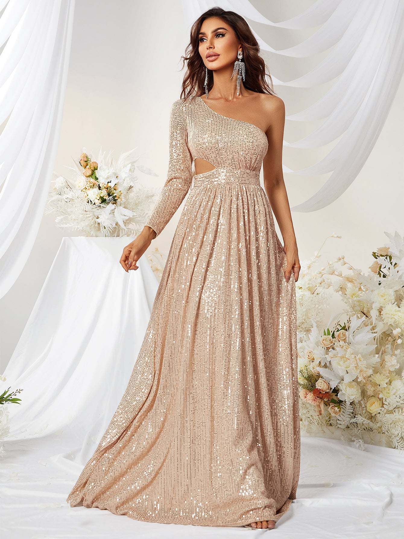 Sequined One Sleeve Side Waist Hollow Out Cutout Out Prom Evening Dress Fishtail Elegant Dress