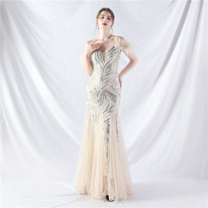 Craft Order Ostrich Hair Lamination Sequin Stitching Mesh High End Evening Dress