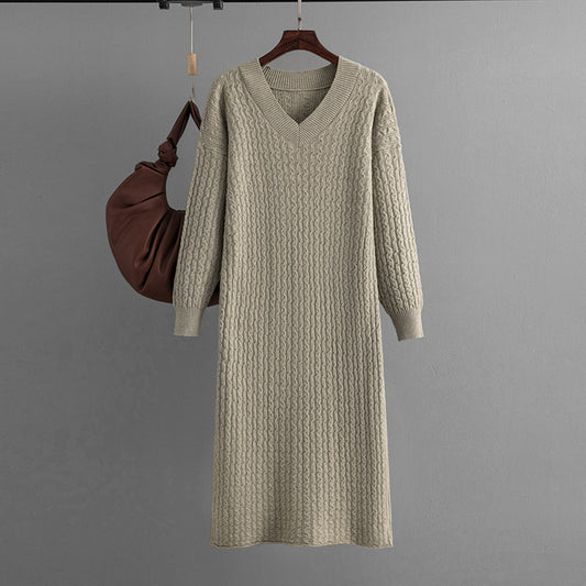 Robe mi-longue en tricot pour femmes, col en V, pull torsadé, fente dans le dos, automne hiver