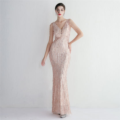 Silk Tassel Sequin Party Dress Long Cocktail Slim Fit Evening Dress Elegant Long