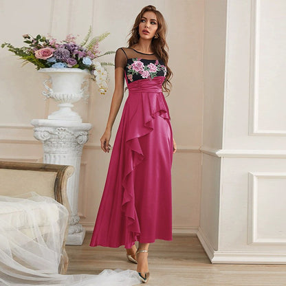 Women Clothing Lace Lined Sling High Waist Embroidery Large Swing Dress