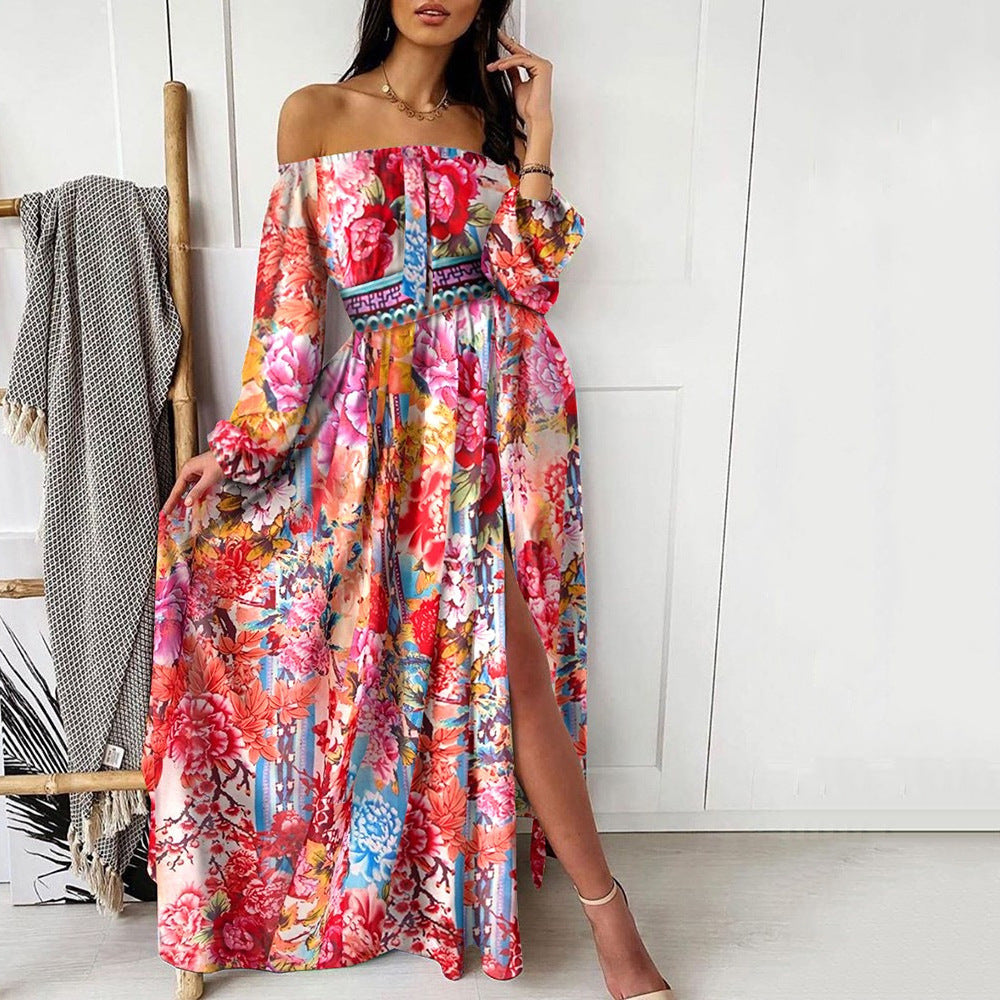 Evening Dress Printed Dress V-neck Pullover Retro Long Sleeve Big Hem Split Dress