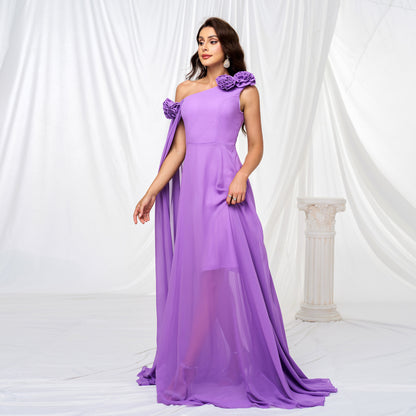 One Shoulder Diagonal Collar Long Cocktail Evening Dress Bridesmaid Dress Waist-Controlled Large Hem Dress Women