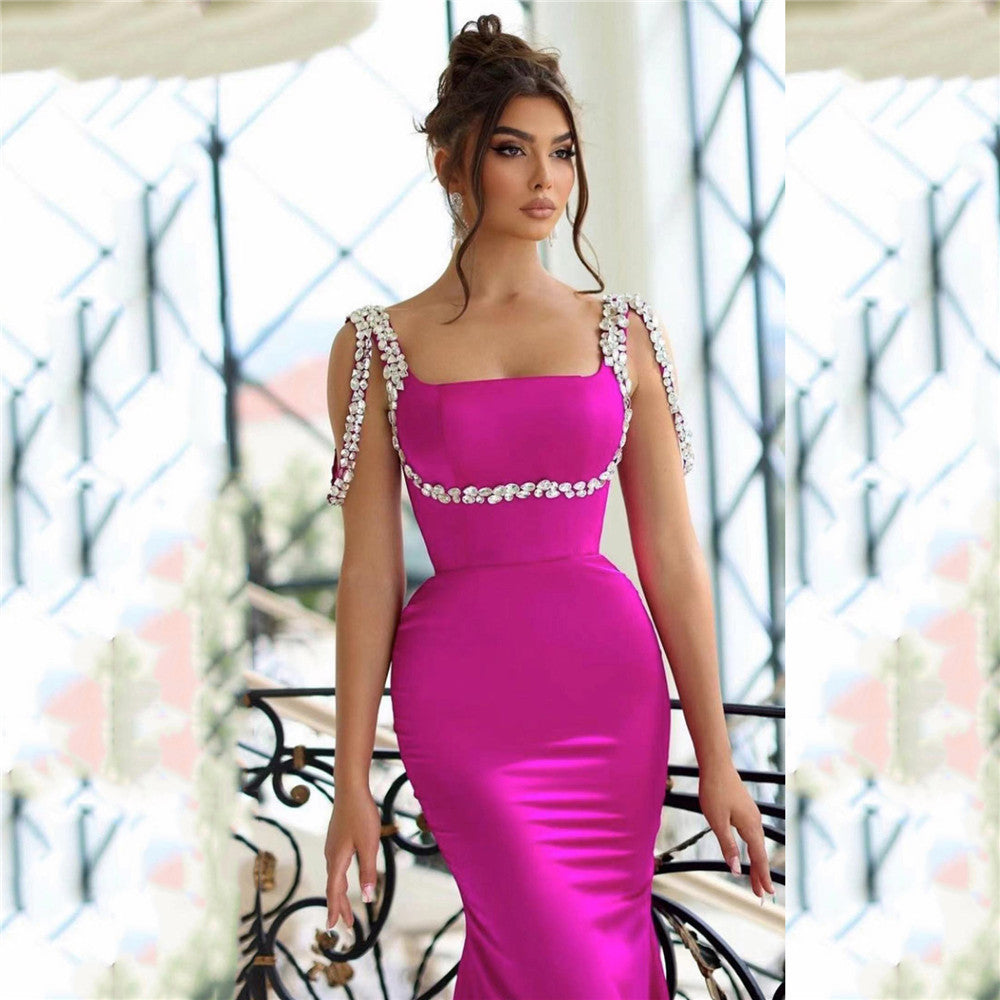 Sexy Suspenders Beaded Bandage Dress Socialite Party Banquet Sleeveless Dress