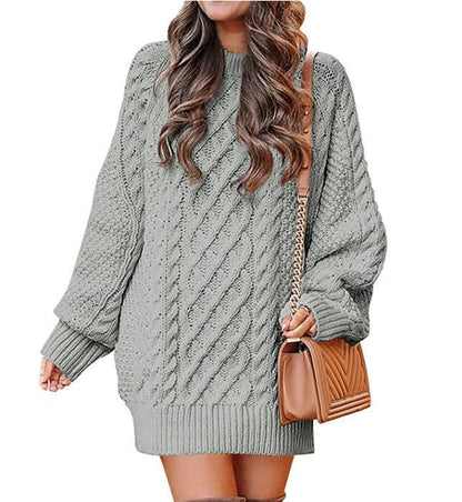 Round Neck Long Sleeve Twisted Knitted Thick Needle Pullover Mid Length Sweater Women Dress