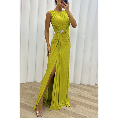 Pleated Split Casual Dress Sleeveless Dress Evening Dress Women