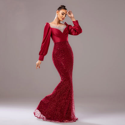 Long Sleeve round Neck Cocktail Hip Wrapped Rhinestone Sequined Evening Dress Bridesmaid Dress Dress Women