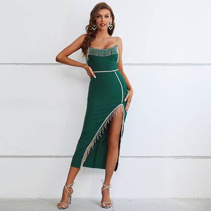 Women Clothing Autumn Sexy Tube Top Bandage One Piece Dress Elegant Embellished Tassel Irregular Asymmetric Dress