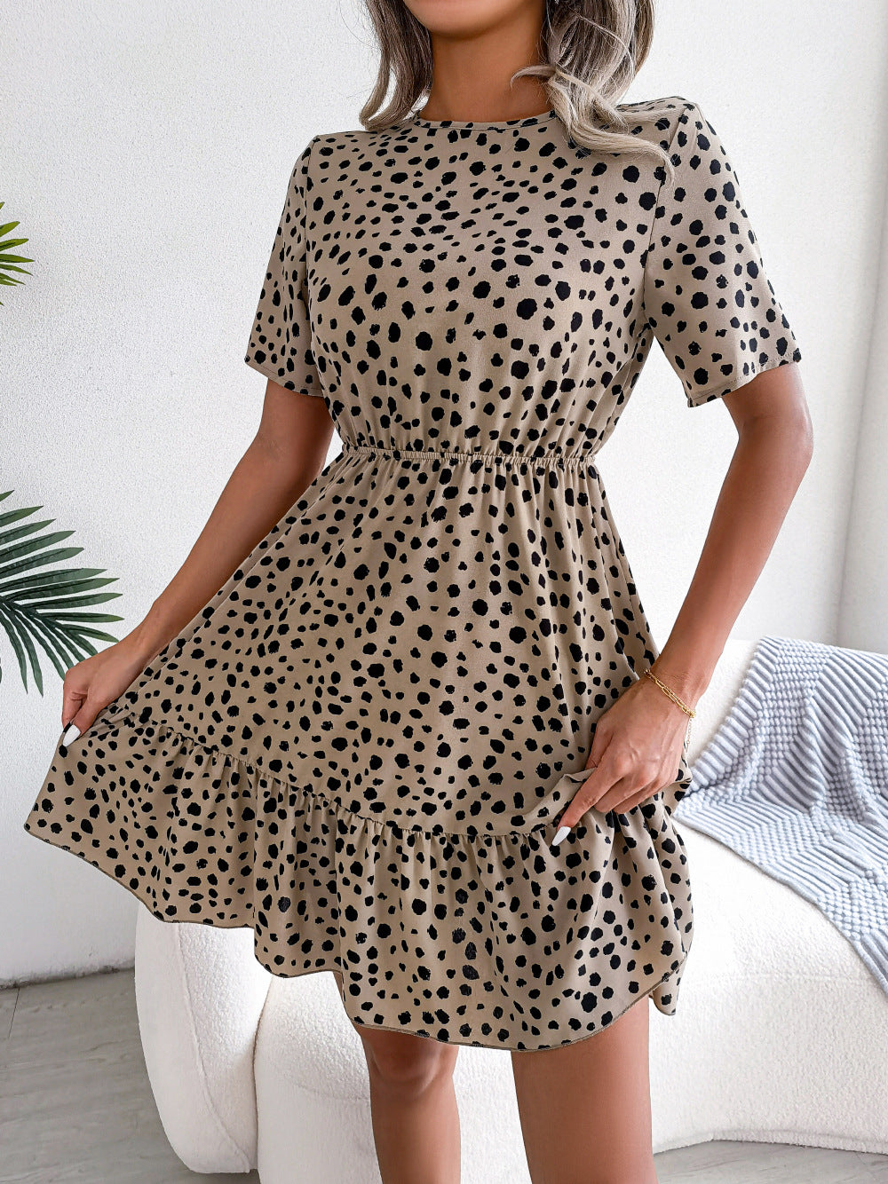 Spring Summer New Casual Polka-Dot Cinched Ruffled Large Swing Dress Women Clothing Tiered Dress