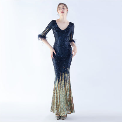 Craft Ostrich Feather Gradient Sequin Half Sleeve High End Evening Dress