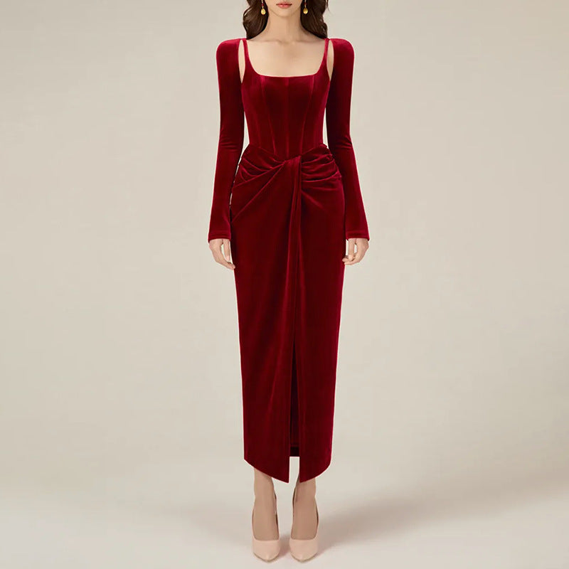 Robe longue plissée torsadée de couleur unie à col carré pour femme