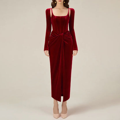 Robe longue plissée torsadée de couleur unie à col carré pour femme