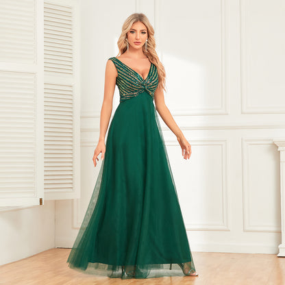 Vestido de noche verde oscuro sin mangas con cuello en V doble para mujer, vestido largo elegante de tul con costuras de lentejuelas a rayas