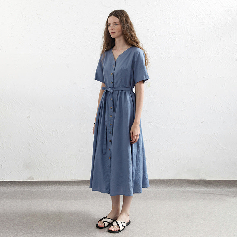 Robe trapèze à manches courtes en coton et lin de niche, vêtements pour femmes, printemps été, col en V, simple rangée de boutons, robe longue