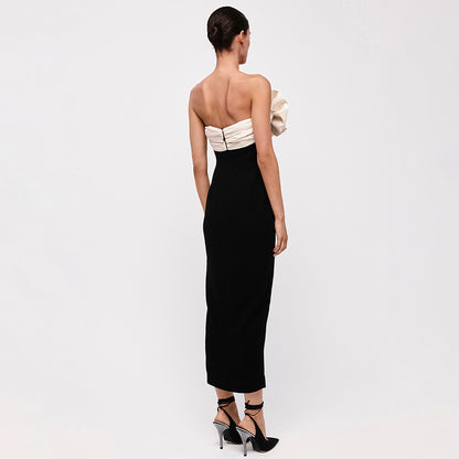 Robe sans bretelles en forme d'éventail pliable noir et blanc, robe sexy dos nu