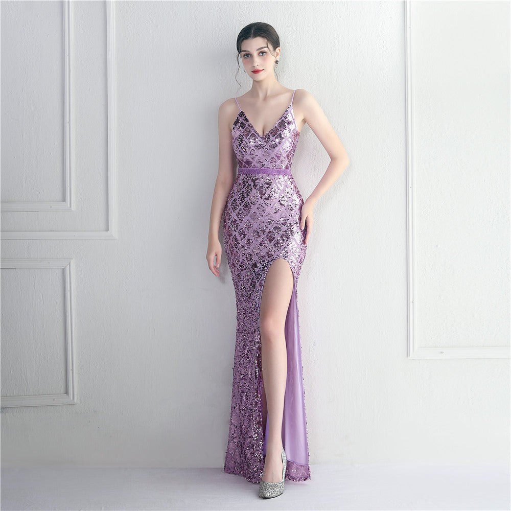 Robe de soirée longue sexy à paillettes colorées et fendue